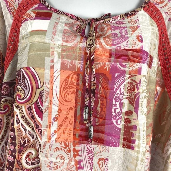 Catherines Tunic Top 2X Paisley Patchwork‎ Bell Sleeve Tie Neck Boho TP-2324 - Picture 5 of 9